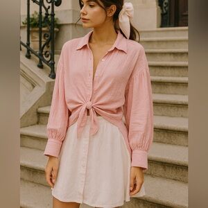 ZARA Pink Textured Button-Up Blouse | Back Tie Cutout Top Feminine Chic